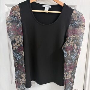 Design History Black Top with Floral Sheer Puff Sleeves